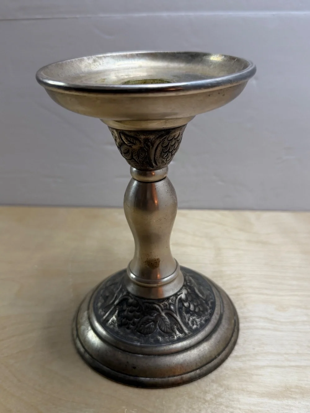 Pottery Barn Silver Tone Decorative Pillar Candle Holder with Grapevine Design